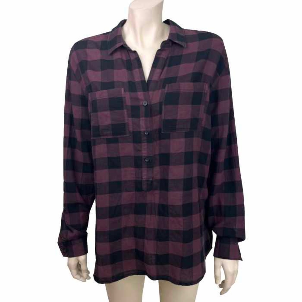 Beach Lunch Lounge Purple & Black Buffalo Plaid‎ Popover Blouse